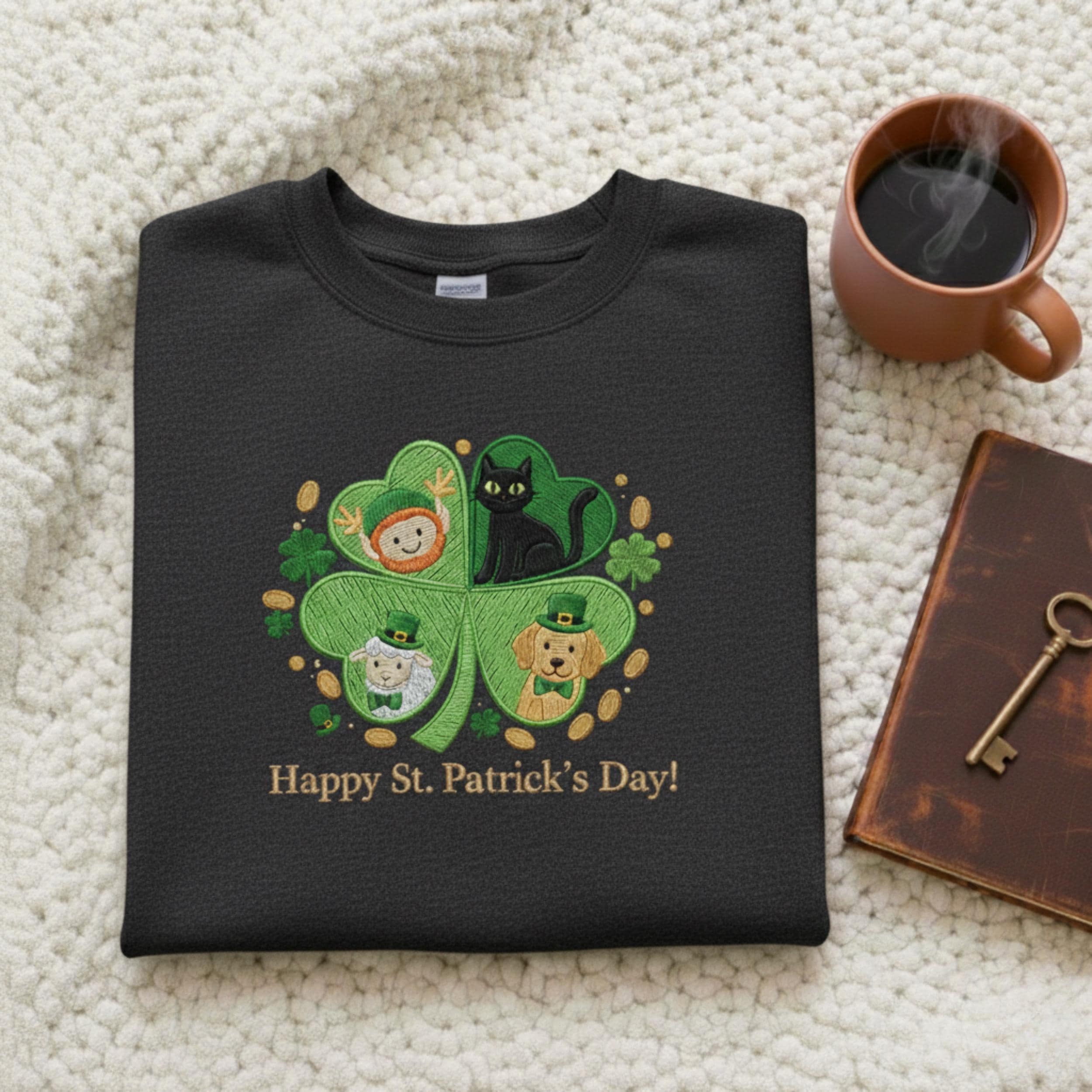St. Patrick’s Day Embroidered Shirt – Lucky Clover Embroidery Sweatshirt, Irish Family Crewneck, St. Paddy’s Day Gift