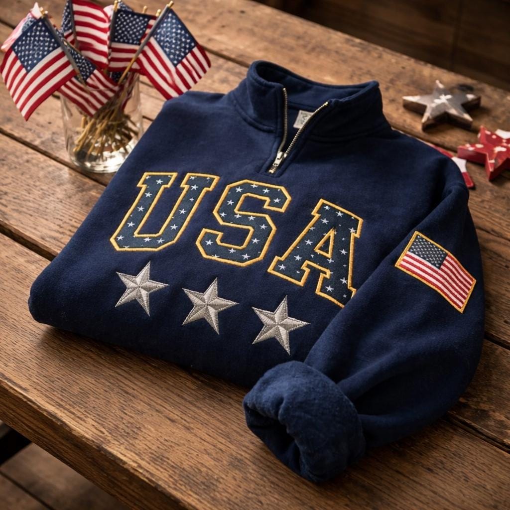 Embroidered America 250th Anniversary Quarter Zip, Celebrate Our 250th Anniversary Sweater, Usa Flag on Sleeve, Unisex Independence Day Gift