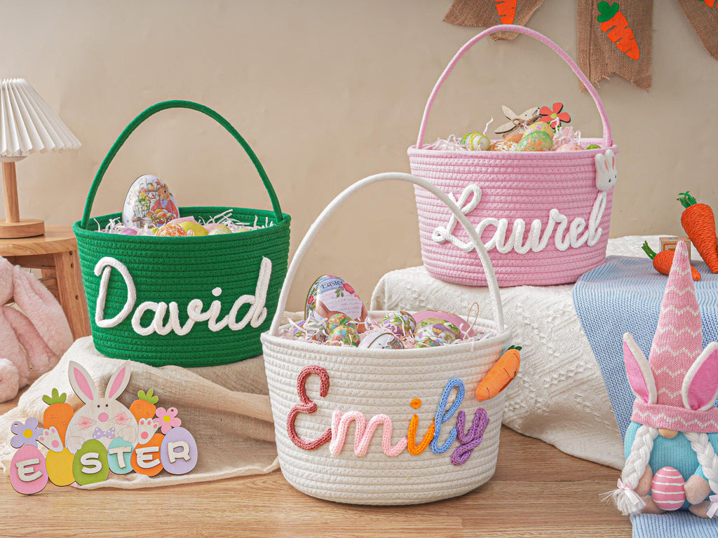 Personalized Easter Basket with Name, Handwoven Rope Basket, Easter Bunny Gift for Kids, Easter Egg Hunt Basket, Baby Shower Gift