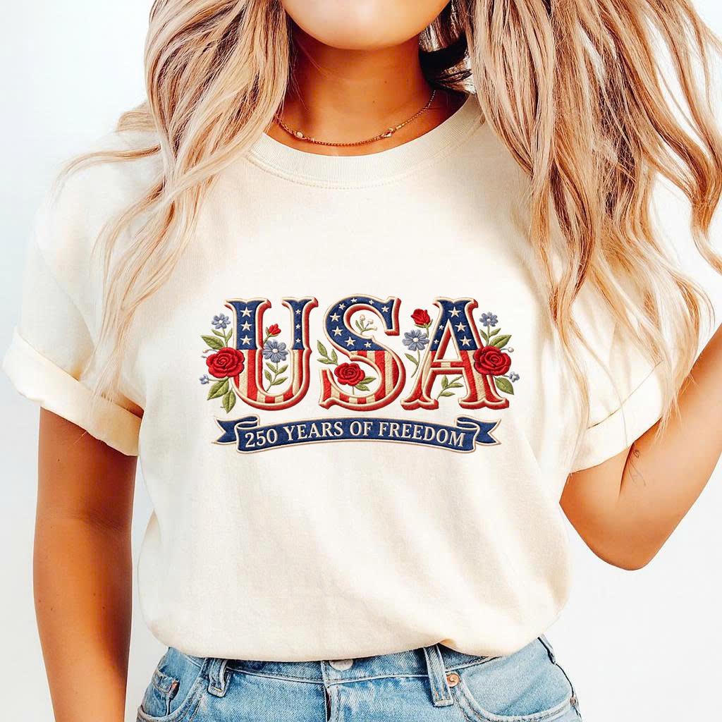 USA 250 Years of Freedom Embroidered Sweatshirt, 1776–2026 Patriotic Crewneck, American Flag 4th of July Shirt