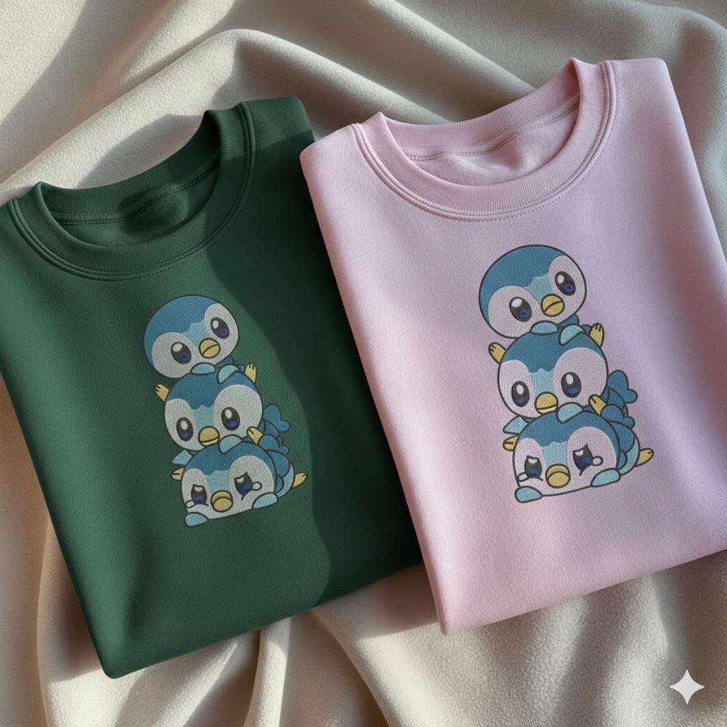 Piplup Embroidered Cute Penguin Pokemon Crewneck, Custom Piplup Stack Anime Embroidery Gift