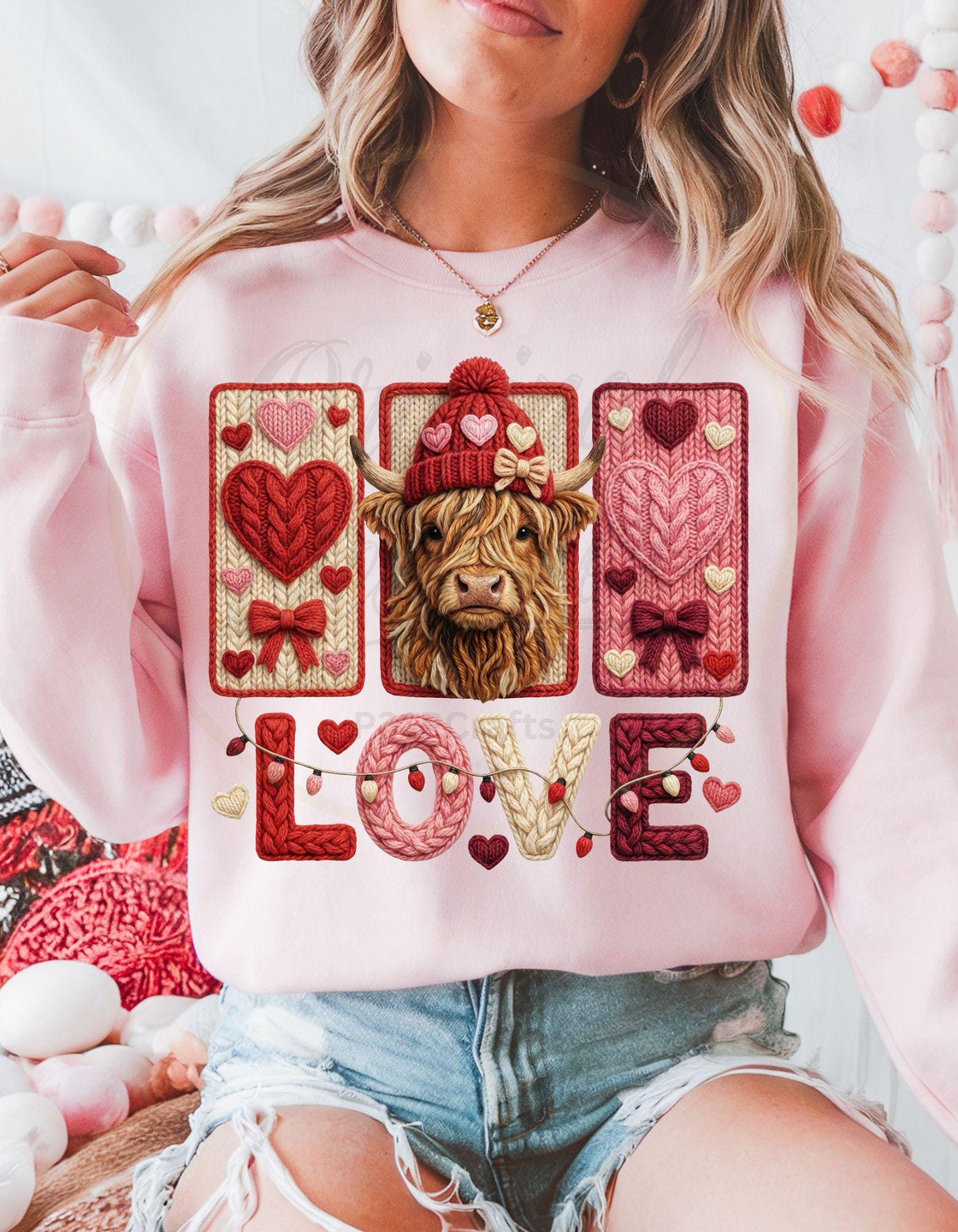 Highland Cow Knitted Embroidered Sweatshirt – Cozy Farm Animal Crewneck, Rustic Cottagecore Style