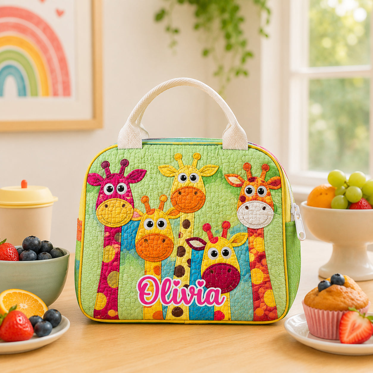 Giraffe Quilted Lunch Bag, Insulated Quilted Lunch Tote, Animal Lunch Bag, Back To School Bag, Custom Kid Lunch Bag, Picnic Bag, Reusable Lunch Tote QLB03