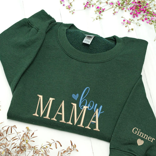 Boy Mama Embroidered Sweatshirt – Custom Kids Name on Sleeve, Boy Mom Club Crewneck, Mother and Son Gift