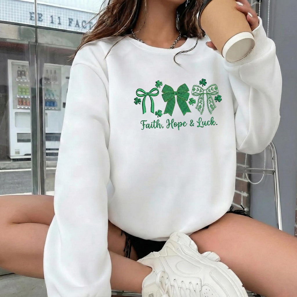 Shamrock Bow Embroidered Sweatshirt – St. Patrick’s Day Quote Shirt, Cute Irish Holiday Crewneck