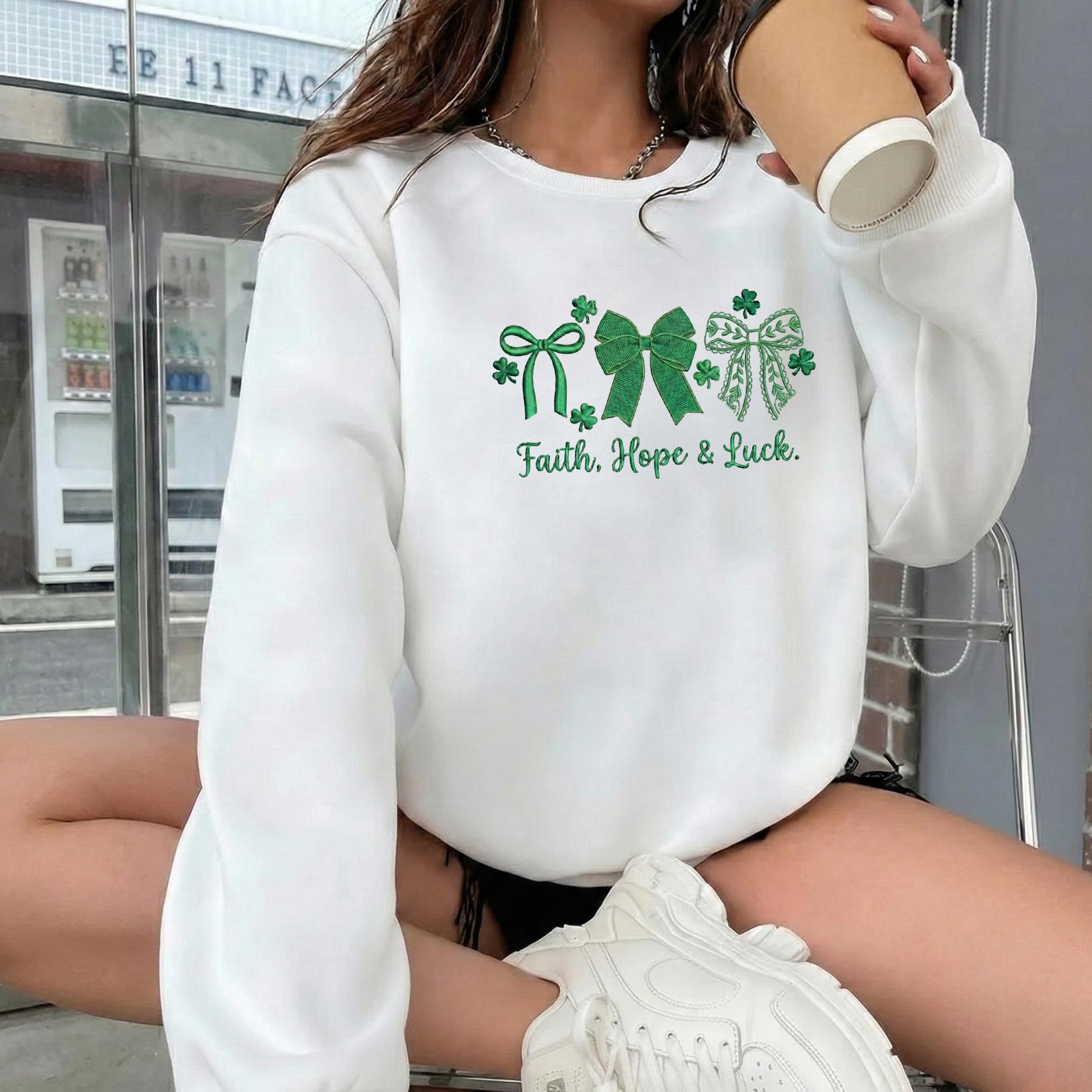 Shamrock Bow Embroidered Sweatshirt – St. Patrick’s Day Quote Shirt, Cute Irish Holiday Crewneck