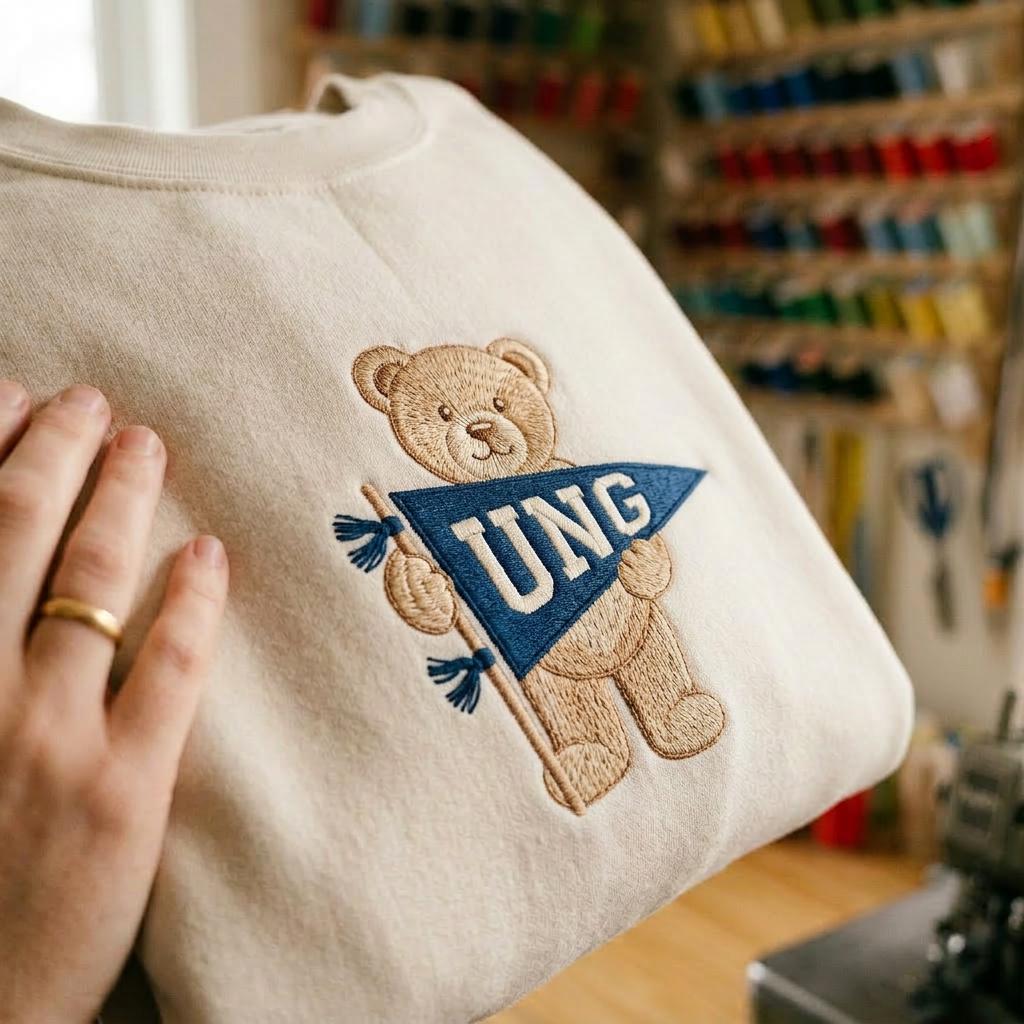Custom College Sweatshirt, Embroidered Teddy Bear Shirt, Personalized University Name Pennant, Cute Campus Gift for Colleague