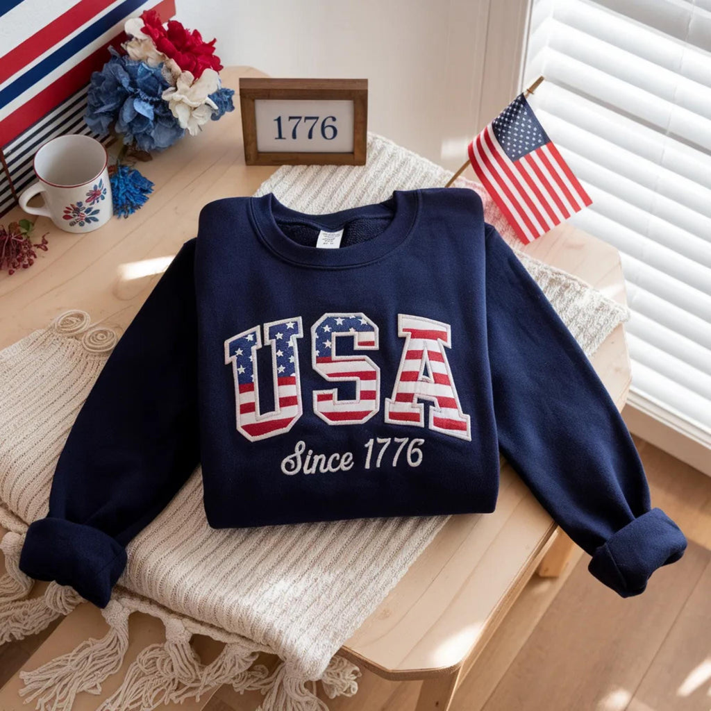 Embroidered USA Sweatshirt, Est 1776 American Flag Apparel, Patriotic Women's Shirt