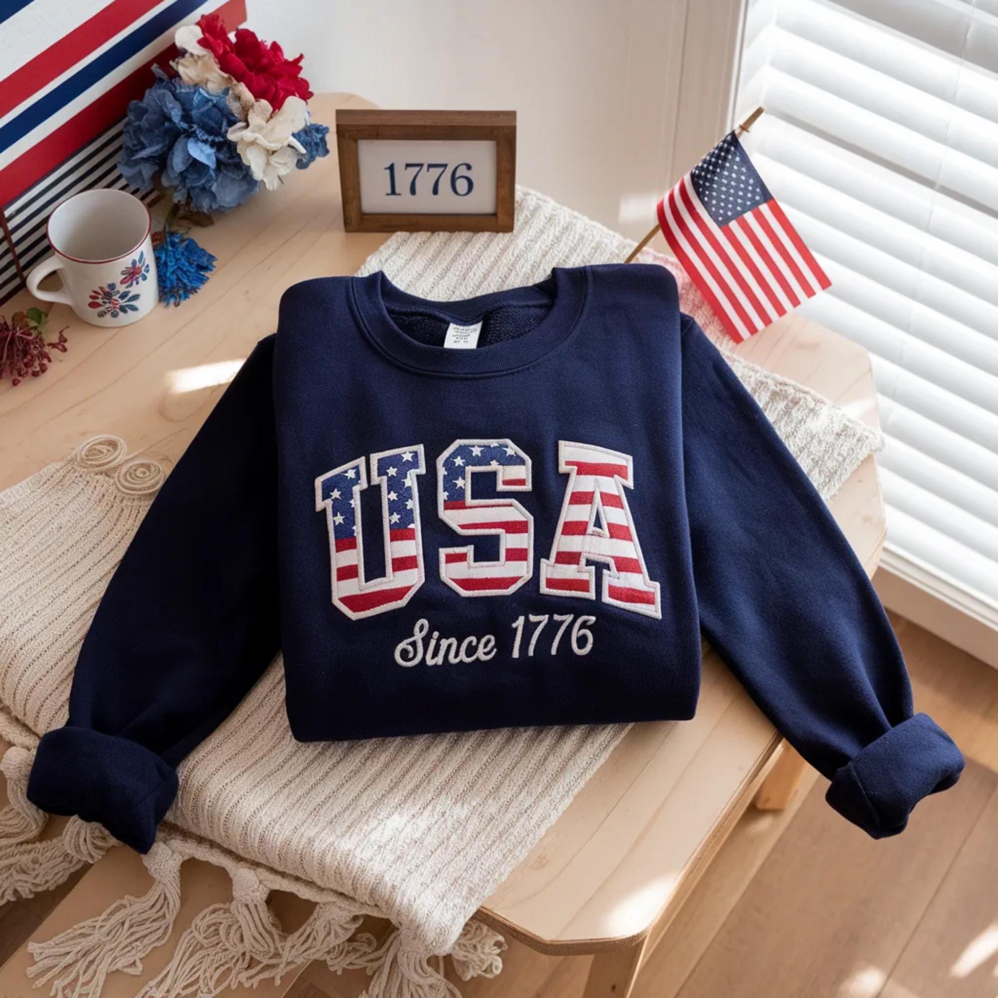 Embroidered USA Sweatshirt, Est 1776 American Flag Apparel, Patriotic Women's Shirt