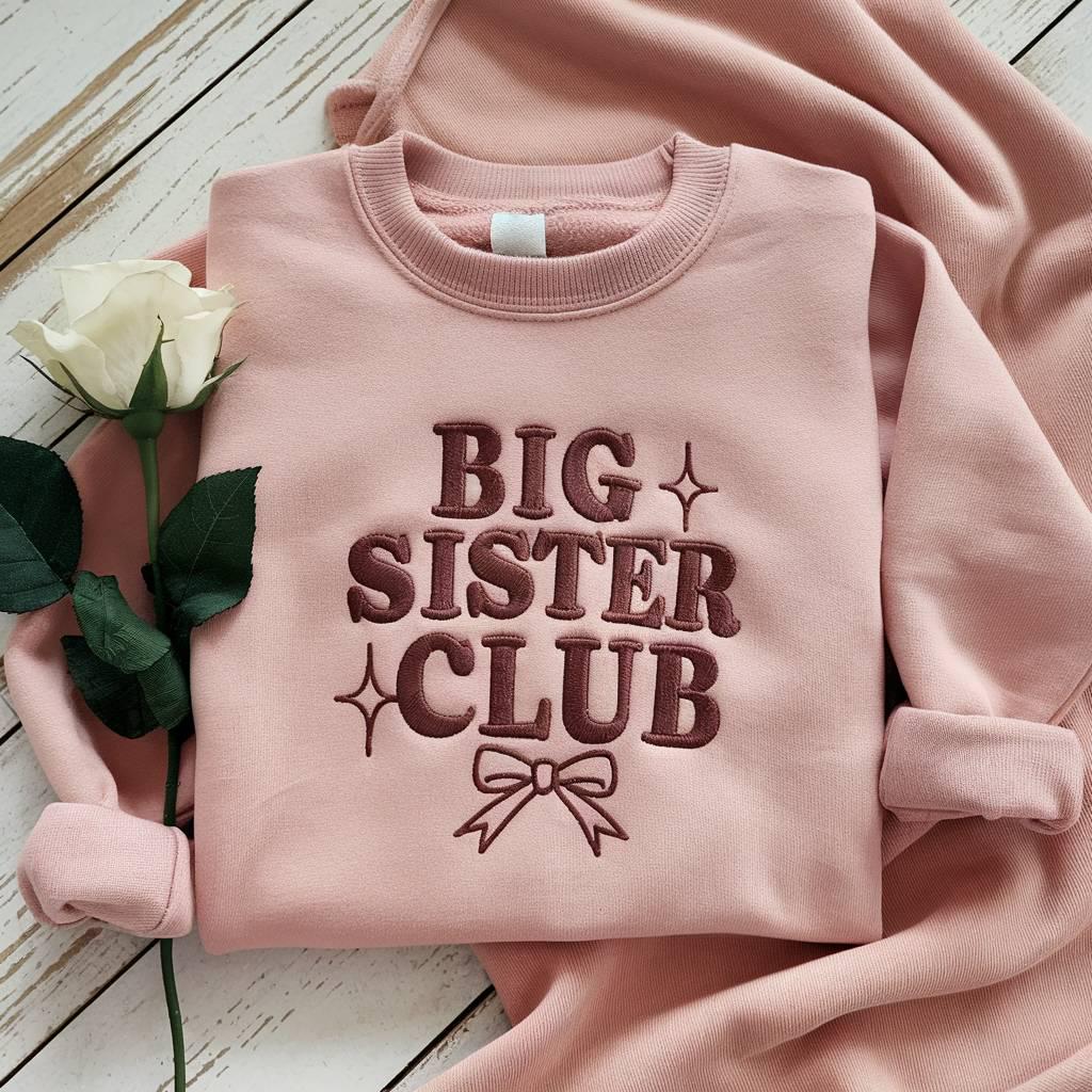 Big Sister Club Embroidered Sweatshirt, Sweatshirt for Sibling Announcement, Newborn Sister Sweatshirt, Baby Shower Gift, Gift For Baby
