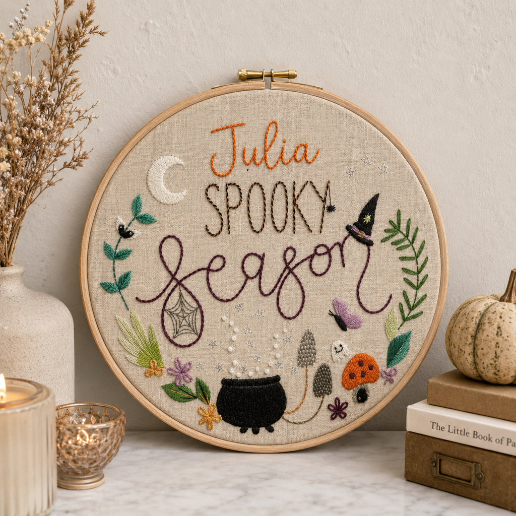 Personalized Spooky Season Embroidery Hoop, Custom Halloween Name Decor, Witch Cauldron Embroidery Art, Handmade Fall Wall Hanging Gift HOOP04