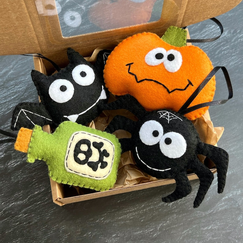 Set 4Pcs - Halloween Handmade Felt Ornament, Cute Spider Pumpkin Felt Hanging Decoration, Spooky Halloween Gift HFOR01