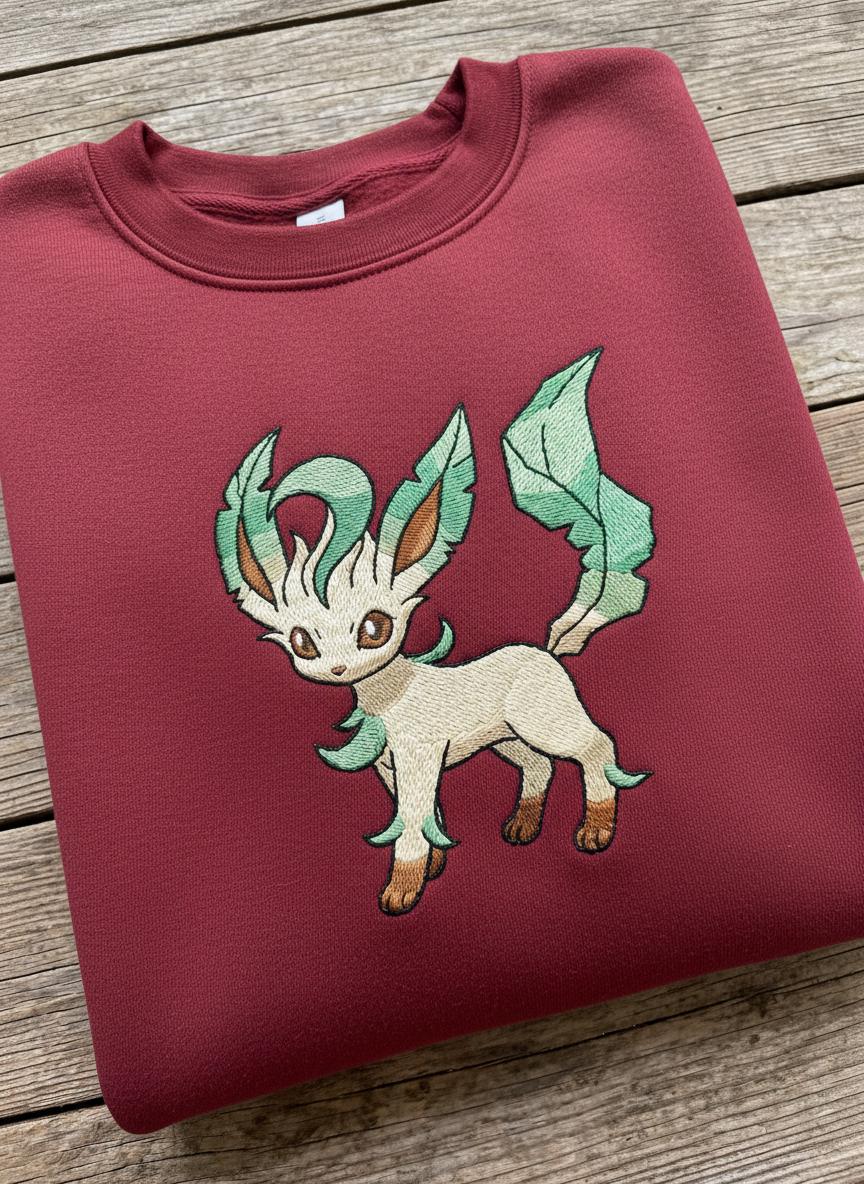 Leafeon PKM Embroidery, Embroidered Anime Sweatshirt, Embroidered Anime Shirt, Anime Lover Sweatshirt, Gift For Her
