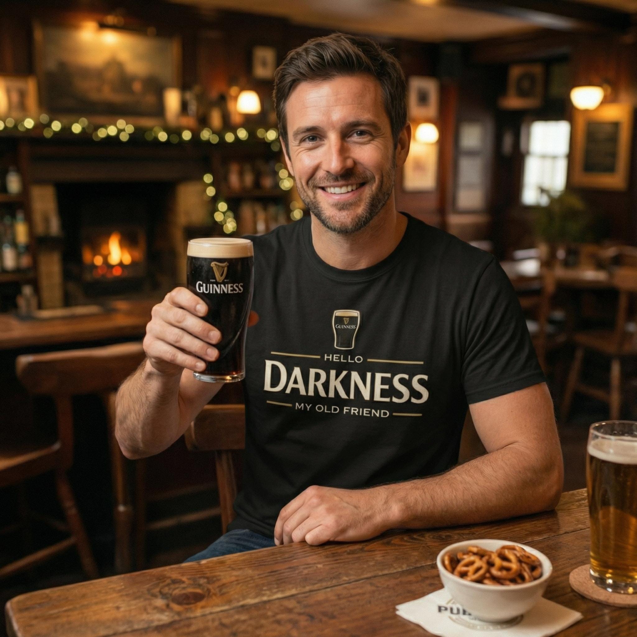 Hello Darkness My Old Friend Irish Beer Embroidered T-Shirt, St Patrick’s Day Party Tee, Funny Drinking Gift Embroidered, Guinness Stout Lover Top, Irish Pub
