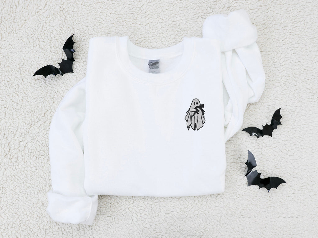 Embroidered Ghost Sweatshirt, Halloween Sweatshirt, Black Cat, Fall Sweatshirt for Women, Halloween Crewneck, Ghost Shirt, Spooky Season