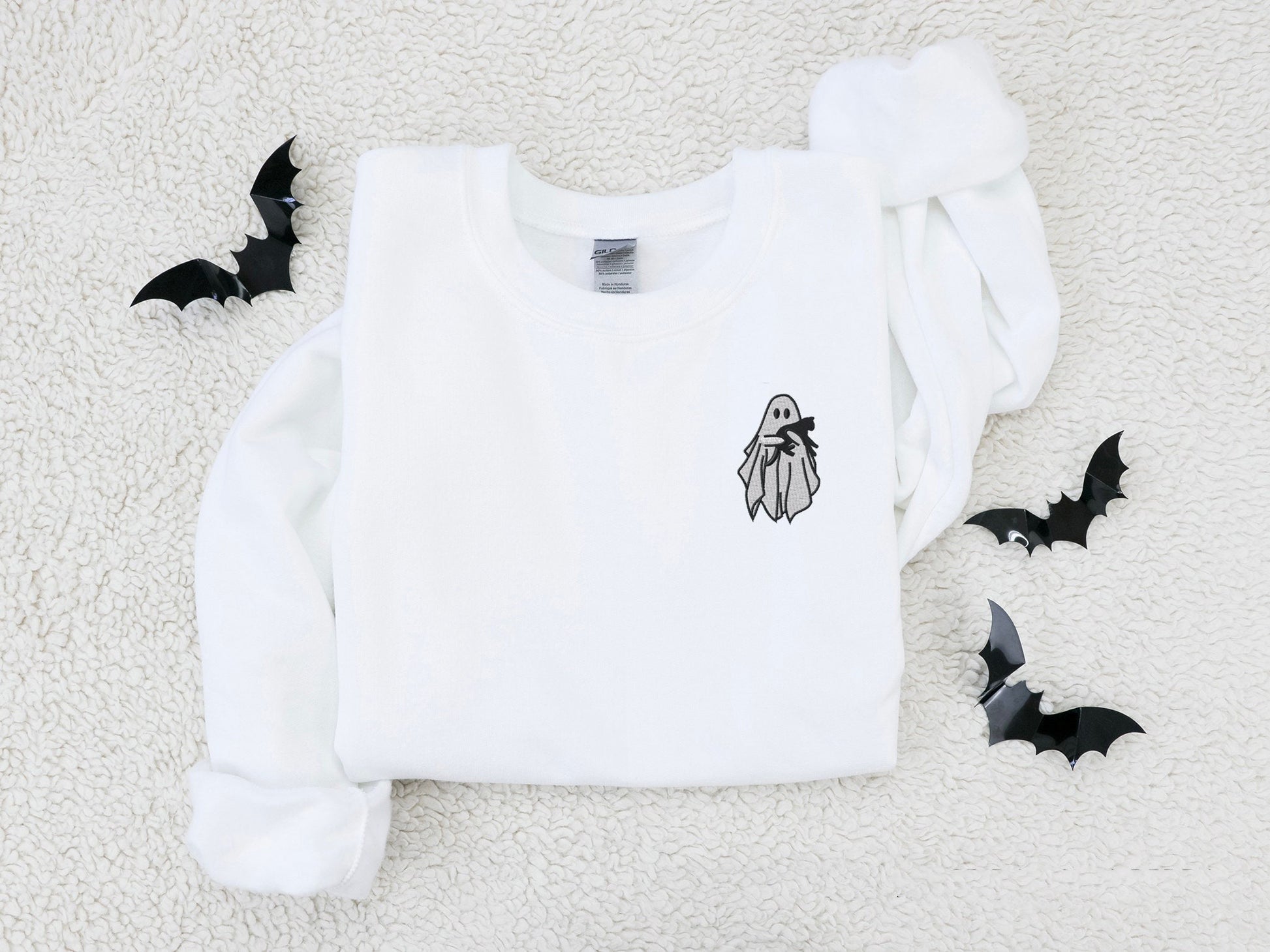 Embroidered Ghost Sweatshirt, Halloween Sweatshirt, Black Cat, Fall Sweatshirt for Women, Halloween Crewneck, Ghost Shirt, Spooky Season