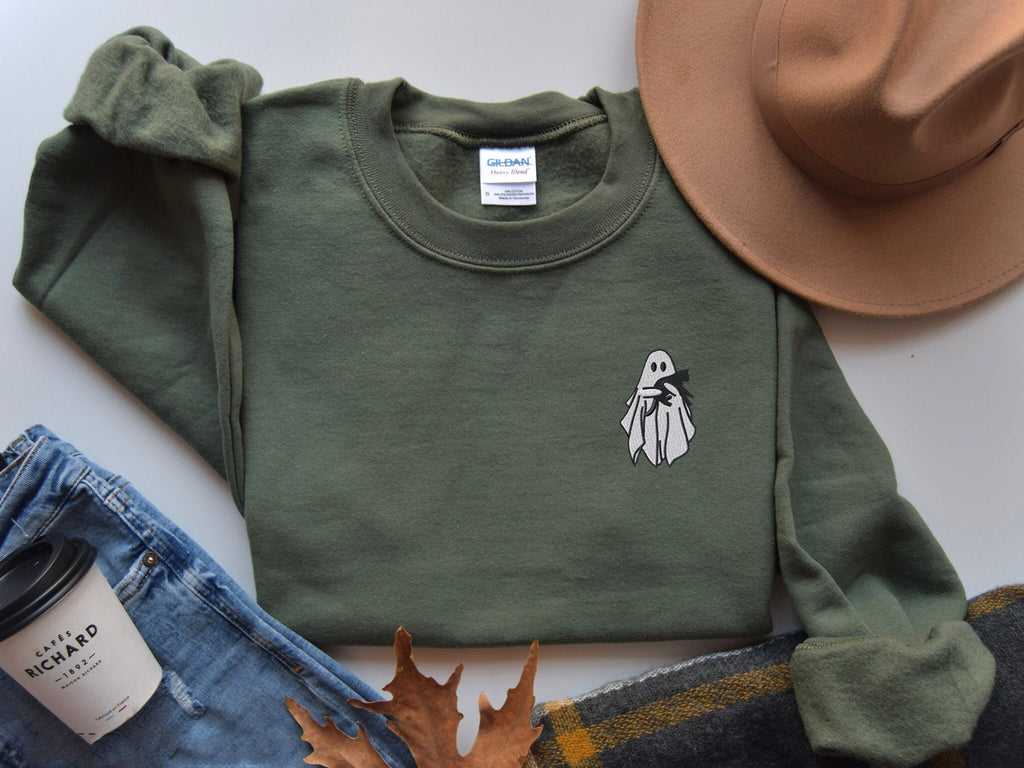 Embroidered Ghost Sweatshirt, Halloween Sweatshirt, Black Cat, Fall Sweatshirt for Women, Halloween Crewneck, Ghost Shirt, Spooky Season