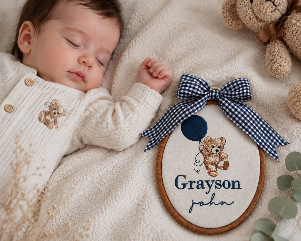 Personalized Embroidered Baby Name Sign with Teddy Bear Balloon Design, Custom Nursery Hoop Art, Baby Boy/Girl Wall Decor Gift EM08