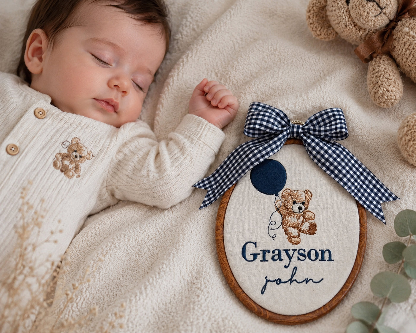 Personalized Embroidered Baby Name Sign with Teddy Bear Balloon Design, Custom Nursery Hoop Art, Baby Boy/Girl Wall Decor Gift EM08