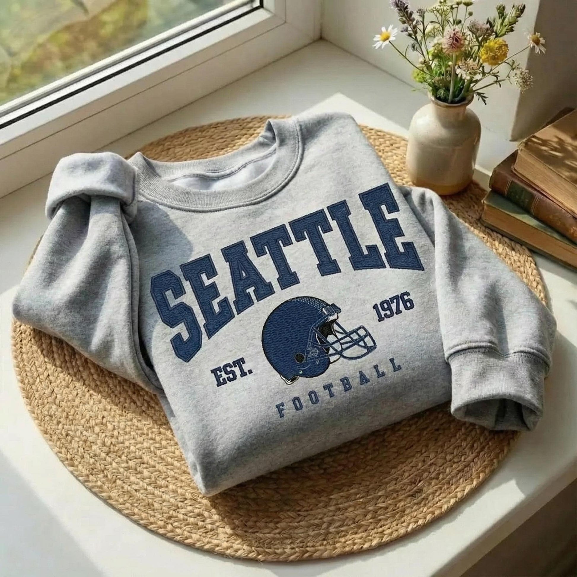 Embroidered Vintage Seattle Seahawk Football Sweatshirt, Retro Fan Gift, Game Day Shirt, Seattle Team Football Apparel
