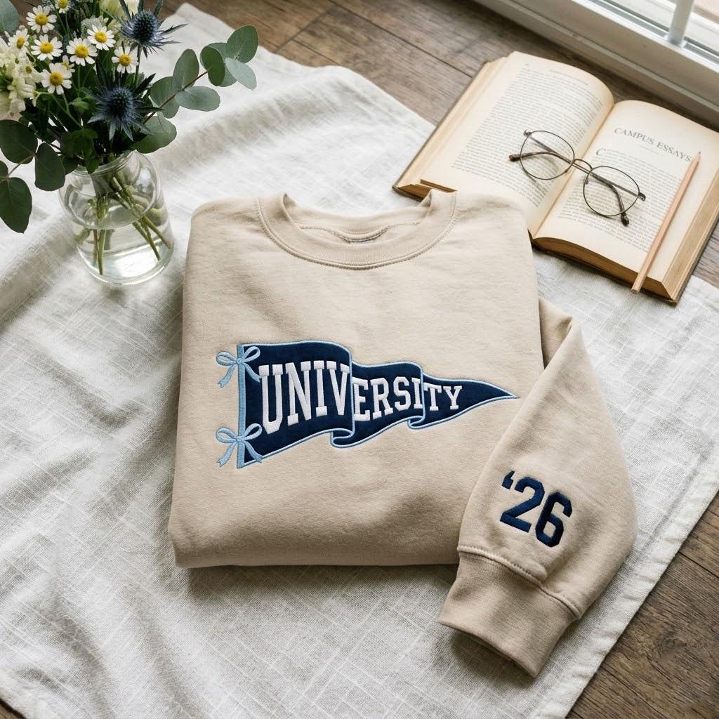 Embroidered Custom College Pennant Sweatshirt, Personalized Team Apparel, University Flag Name Sweater, Mascot Shirt, Senior Class Gift, Varsity Crewneck