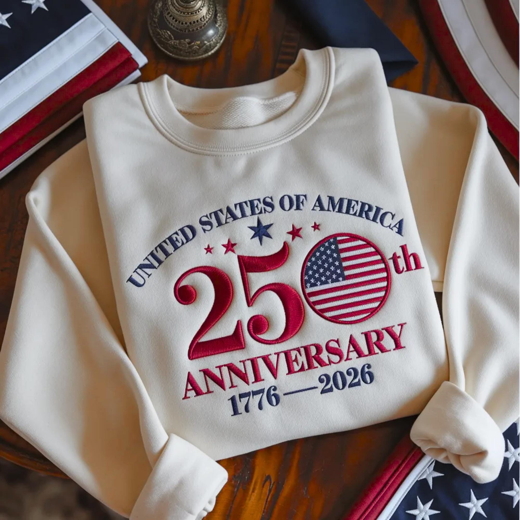 Embroidered USA 250th Anniversary Sweatshirt, Patriotic 4th of July Tee
