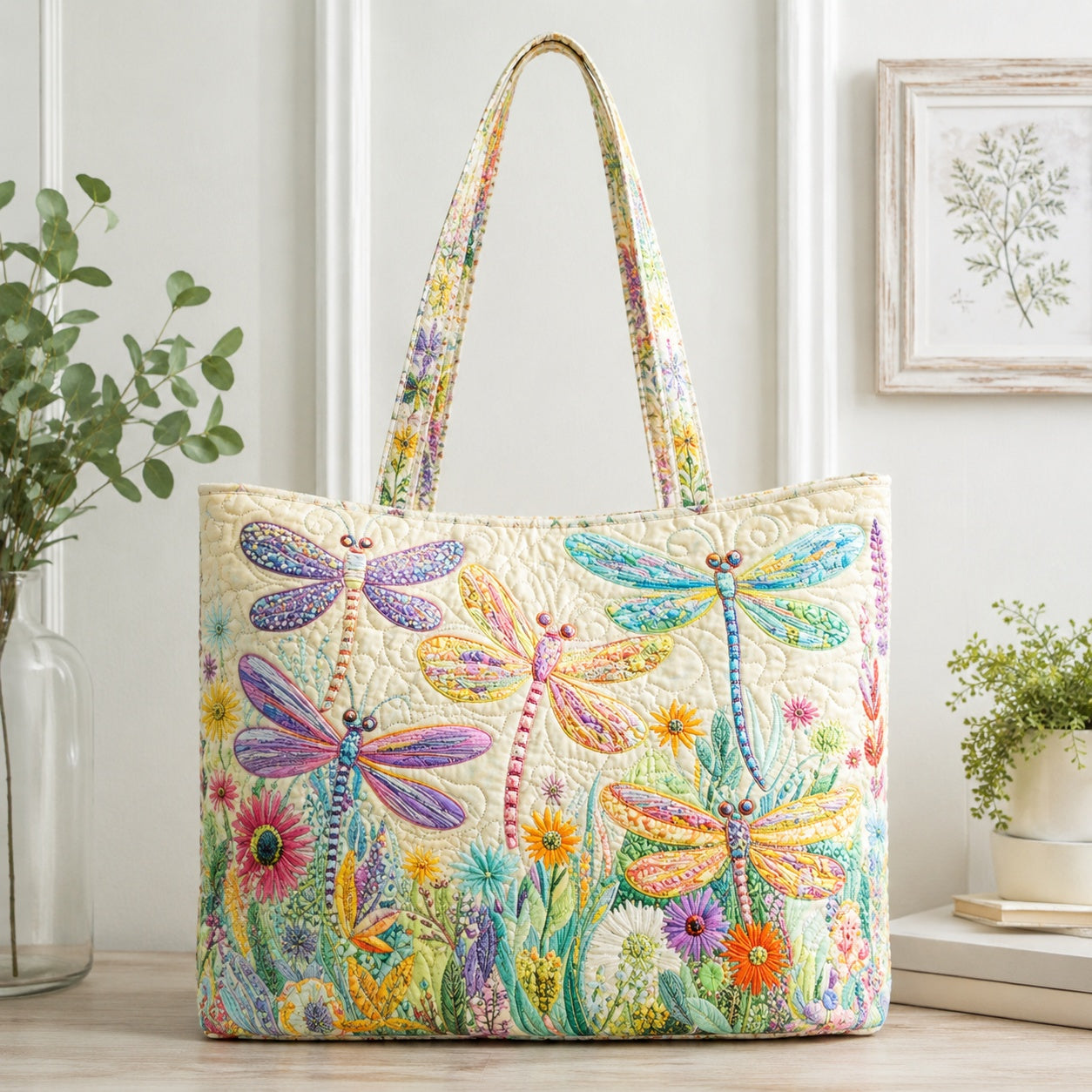 Dragonfly Floral Quilted Tote Bag, Dragonfly Shoulder Bag, Flower Art Tote, Fabric Tote Bag, Gift Bag QTOTE28
