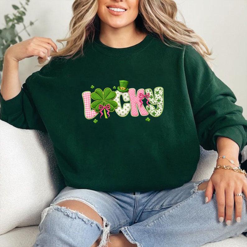 Coquette Lucky Embroidered Sweatshirt, Checkered Shamrock Crewneck, St Patrick’s Day Clover Shirt