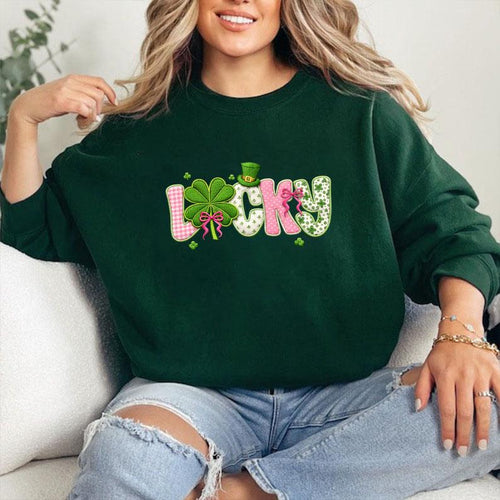 Coquette Lucky Embroidered Sweatshirt, Checkered Shamrock Crewneck, St Patrick’s Day Clover Shirt