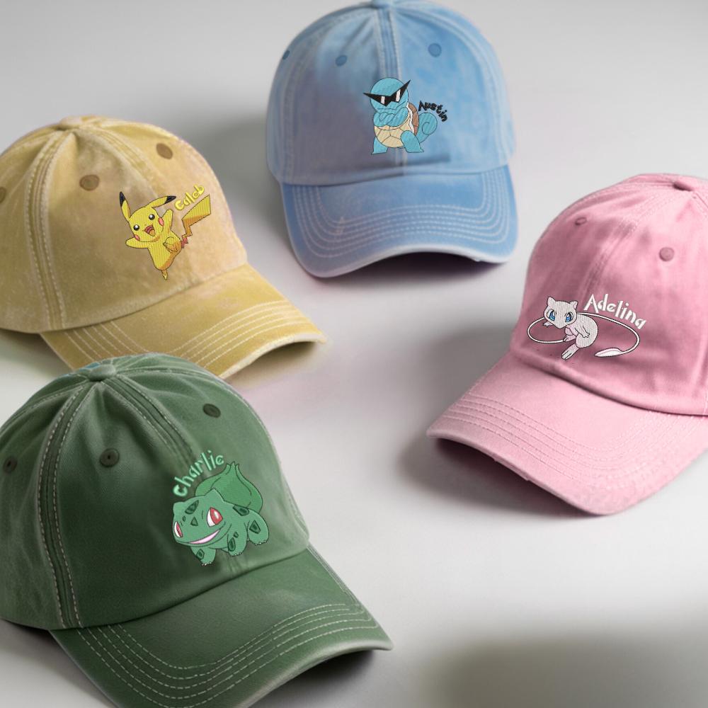 Embroidered Custom PKM Washed Hat, Custom Name Baseball Washed Cap, Personalized Gift For Anime Fan, Pocket Beast Baseball Cap