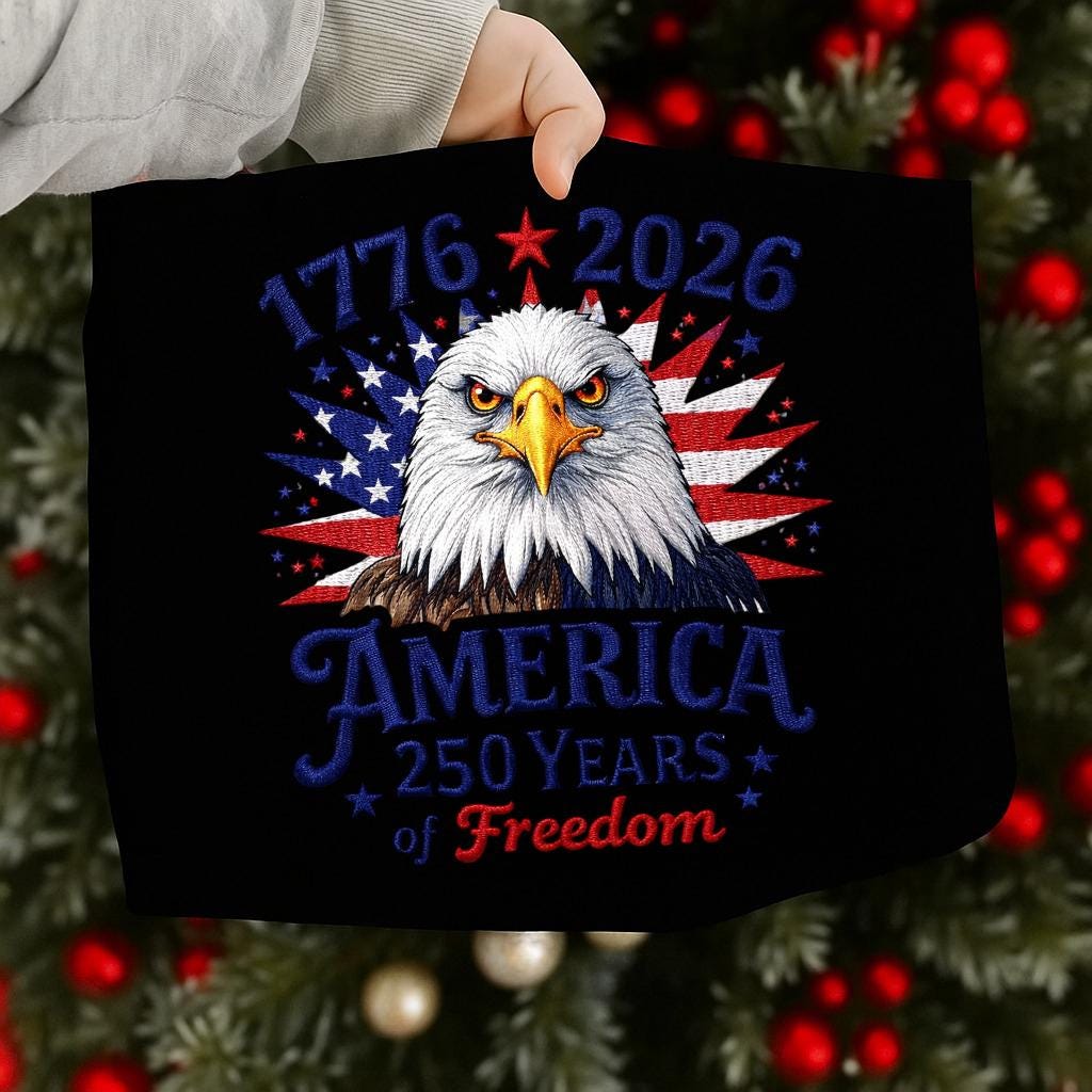 America 250 Years of Freedom Embroidery Sweatshirt – Eagle Head Patriotic USA 1776–2026, 4th of July Machine Embroidered Crewneck