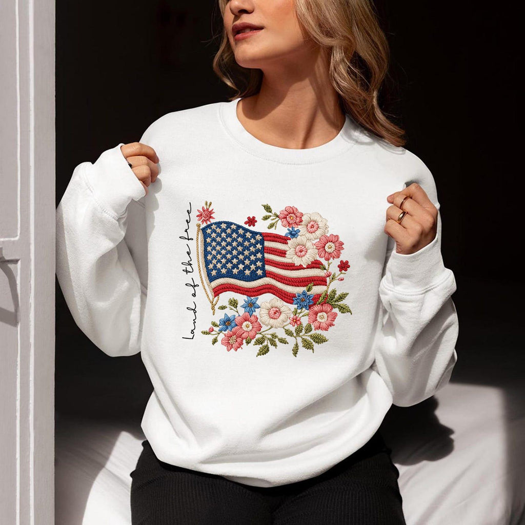 American Flag Floral Embroidered Sweatshirt – Love of the Land Patriotic Independence Day Crewneck