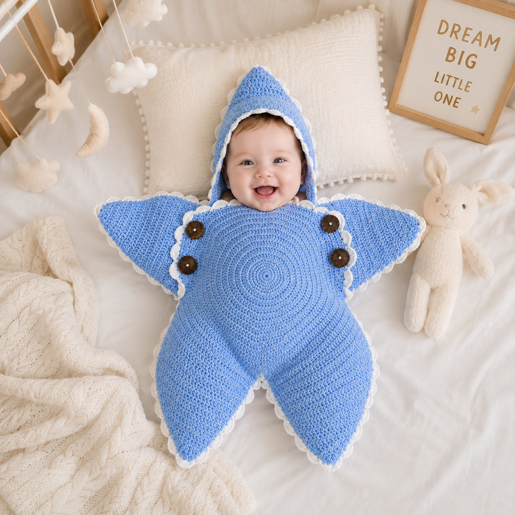 Personalized Star Baby Swaddle, Star Cocoon, Custom Baby Star Romper Sleep Sack, Hooded Newborn Wrap, Handmade Crochet Knit Outfit, Custom Name Baptism Baby Shower Gift BABYSR03