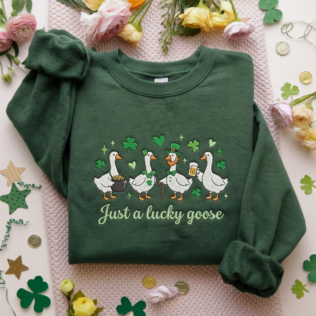 St. Patrick’s Goose Shirt – Irish Lucky Day Goose Embroidered Shirt, Just a Lucky Goose Tee, St. Patrick’s Day Gift