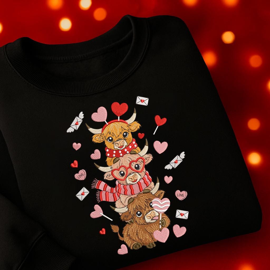 Highland Cow Embroidery Sweatshirt, Valentine Coquette Embroidery Sweatshirt, Retro Valentine Heart