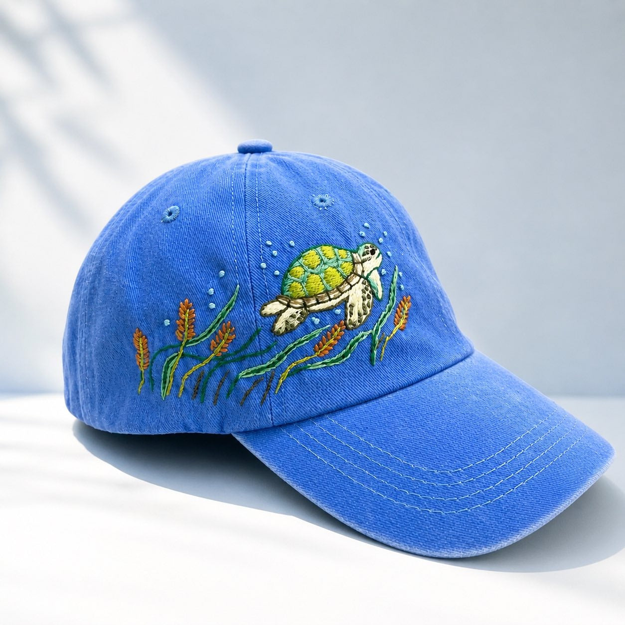 Sea Turtle Hand-Embroidered Baseball Cap, Custom Embroidered Cap, Flower Hand Embroidered Cap, Custom Hat Embroidery, Gift For Her EMH03