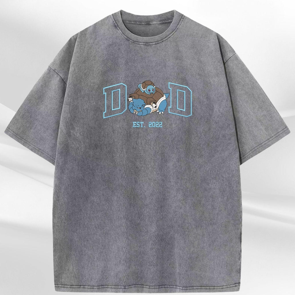 Personalized Dad PKM Embroidered Washed Shirt, Custom Anime Characters Embroidery, Pokedad Unisex Cotton Shirt