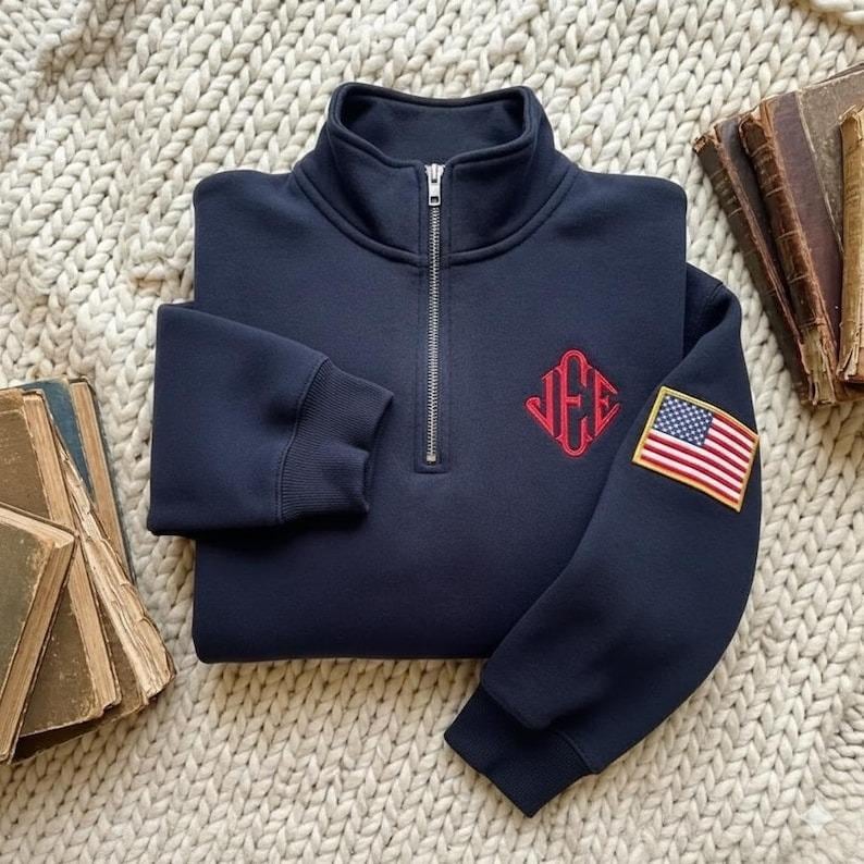 Personalized Embroidered J.E.E Quarter Zip Sweater, Pullover with Custom Chest Logo and USA Flag Sleeve