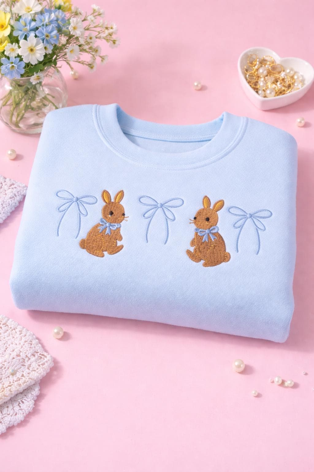 Pastel Bunny Embroidered Sweatshirt with Bows, Cute Cottagecore Crewneck Pullover, Personalized  Easter Aesthetic Sweater, Soft Girl Spring Easter Outfit,