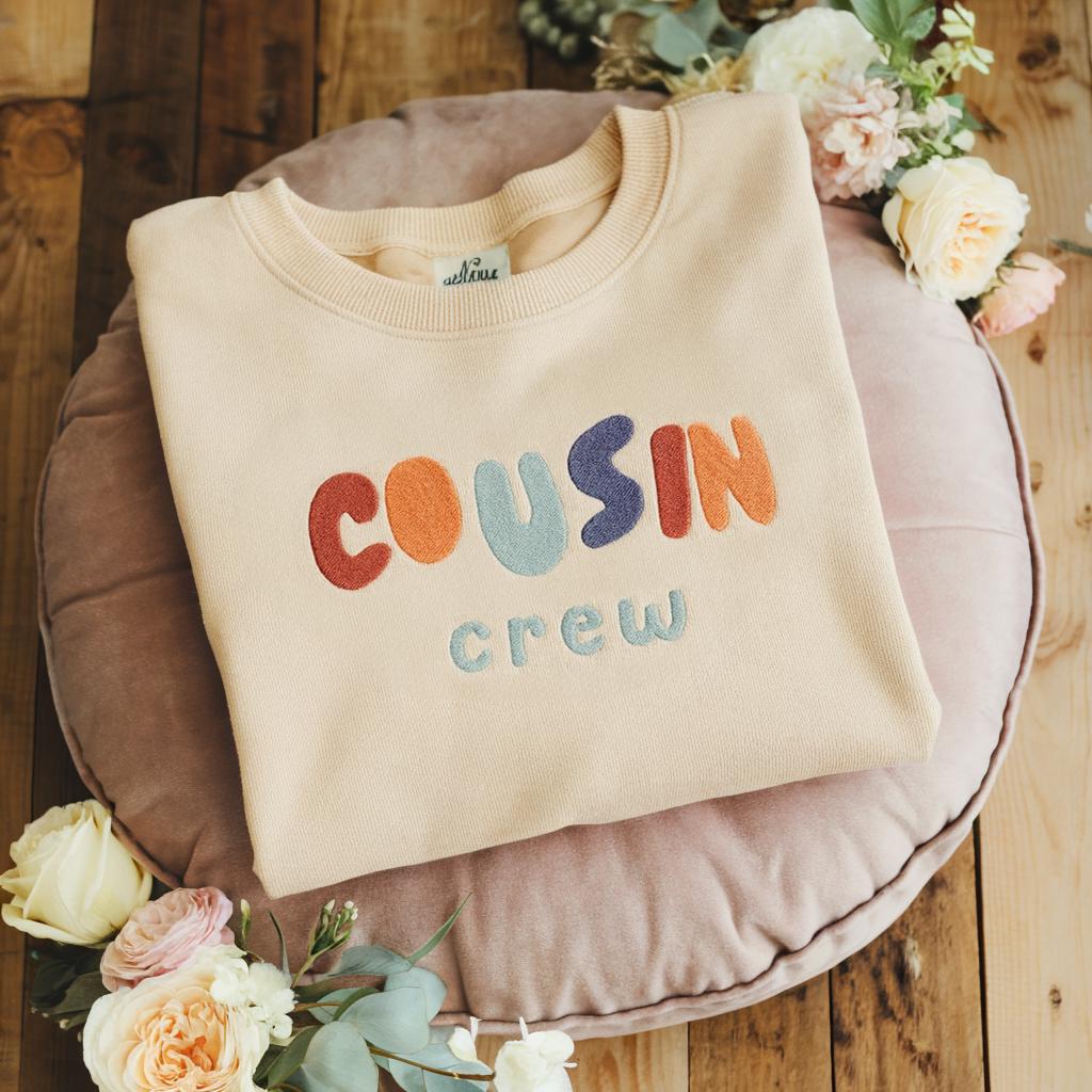 Embroidered Cousin Crew Sweatshirt, Kids Retro Embroidery Shirt, Matching Family Outfits, Personalized Toddler Baby Gift, Baby Shower Gift