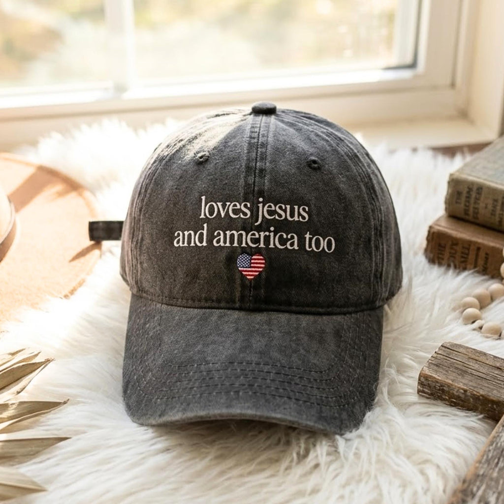 Loves Jesus and America Too Embroidered Washed Cotton Cap, Christian Patriotic Hat, Vintage Distressed Dad Hat, Faith Gift