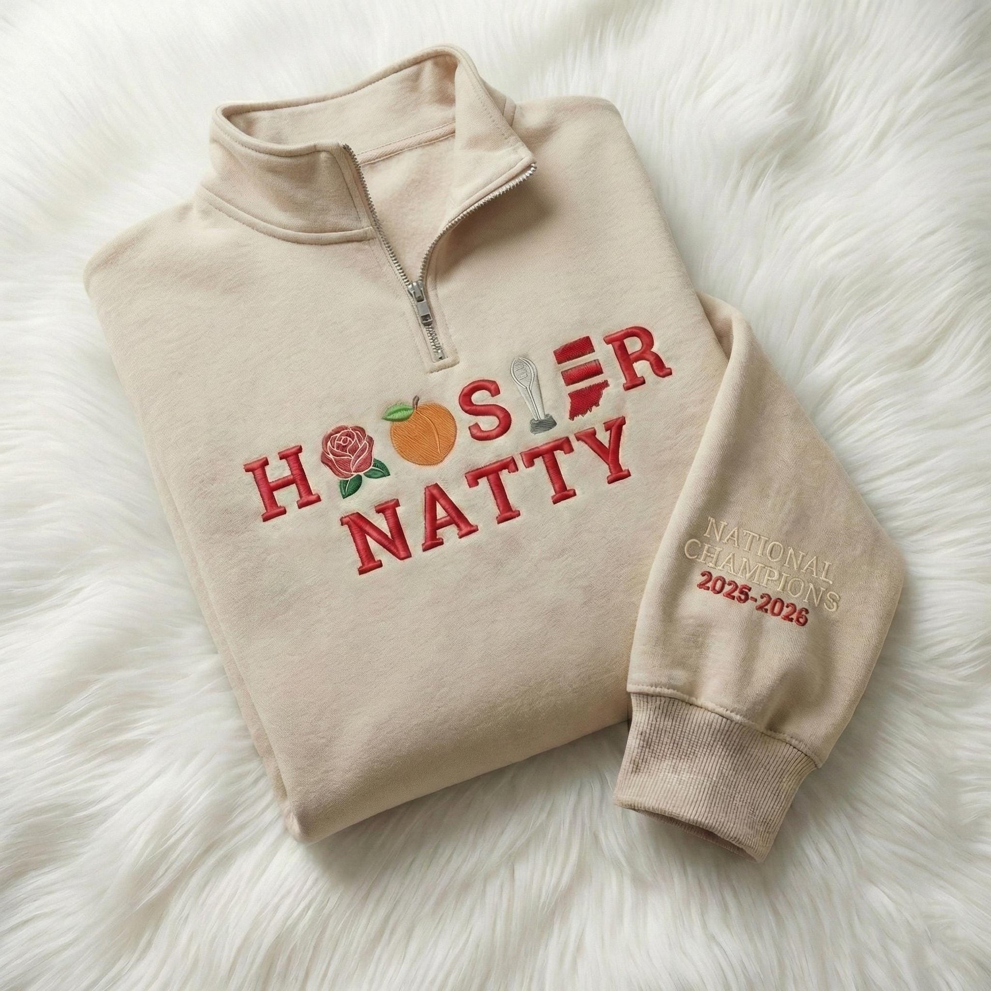 Embroidered Indiana Champions 2026 Quarter Zip Sweatshirt – Hoosiers Trophy Sweater, Unisex Indiana Fan Apparel, Game Day Embroidery