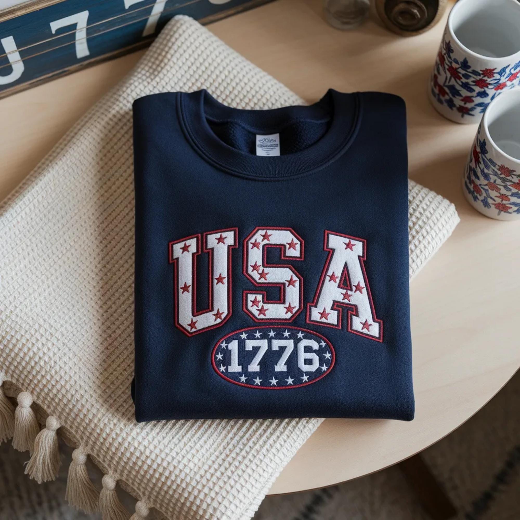Embroidered USA 1776 Sweatshirt, Patriotic American Apparel, Girly 4th of July Shirt