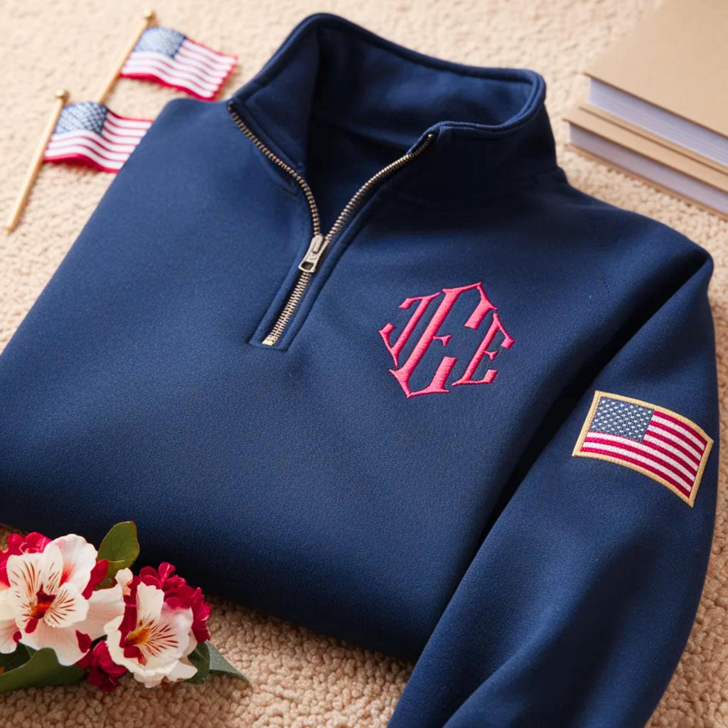 Embroidered USA Flag Sleeve Sweatshirt, Blue Crewneck Costume Shirt