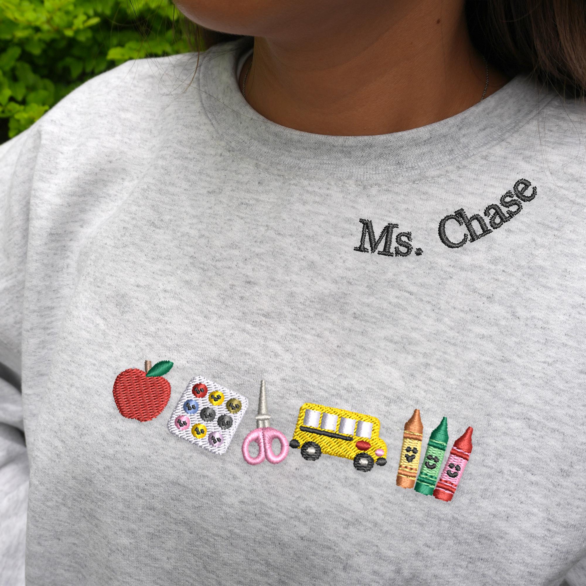 Personalized Apple Teacher Embroidered Sweatshirt, Custom Name Teacher Shirt, Back to School Gift, Classroom Apparel