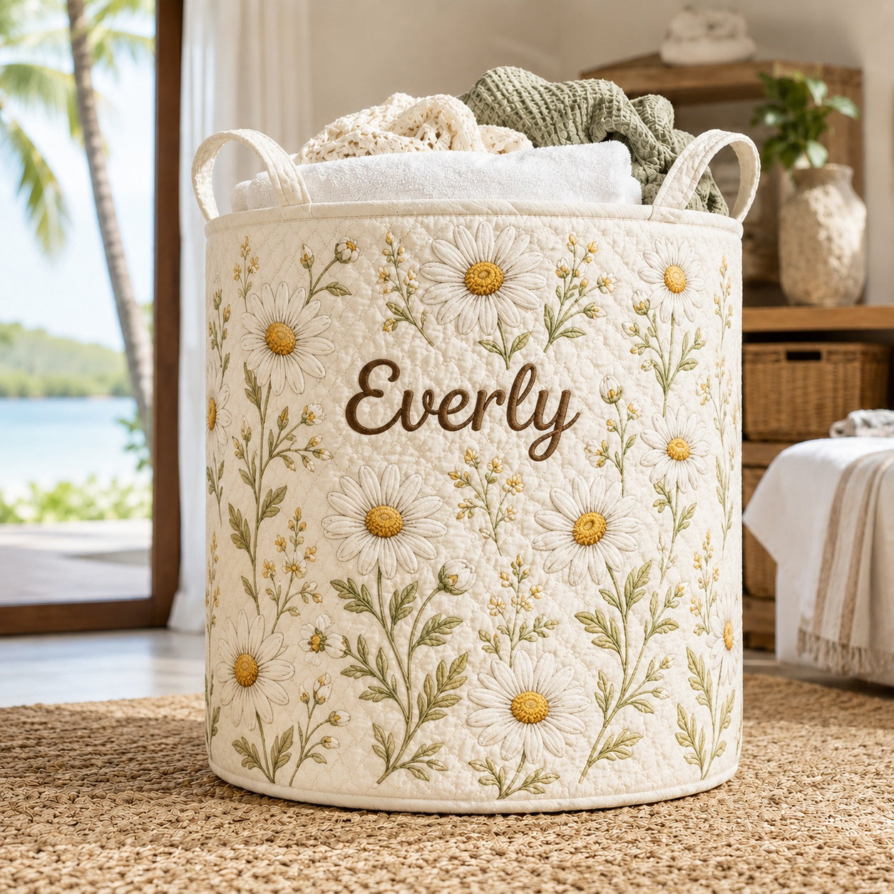 Daisy Pattern Quilted Laundry Basket, Custom Floral Storage Hamper, Custom Name Quilted Basket, Laundry Room Decor, Fabric Clothes Basket QBK87