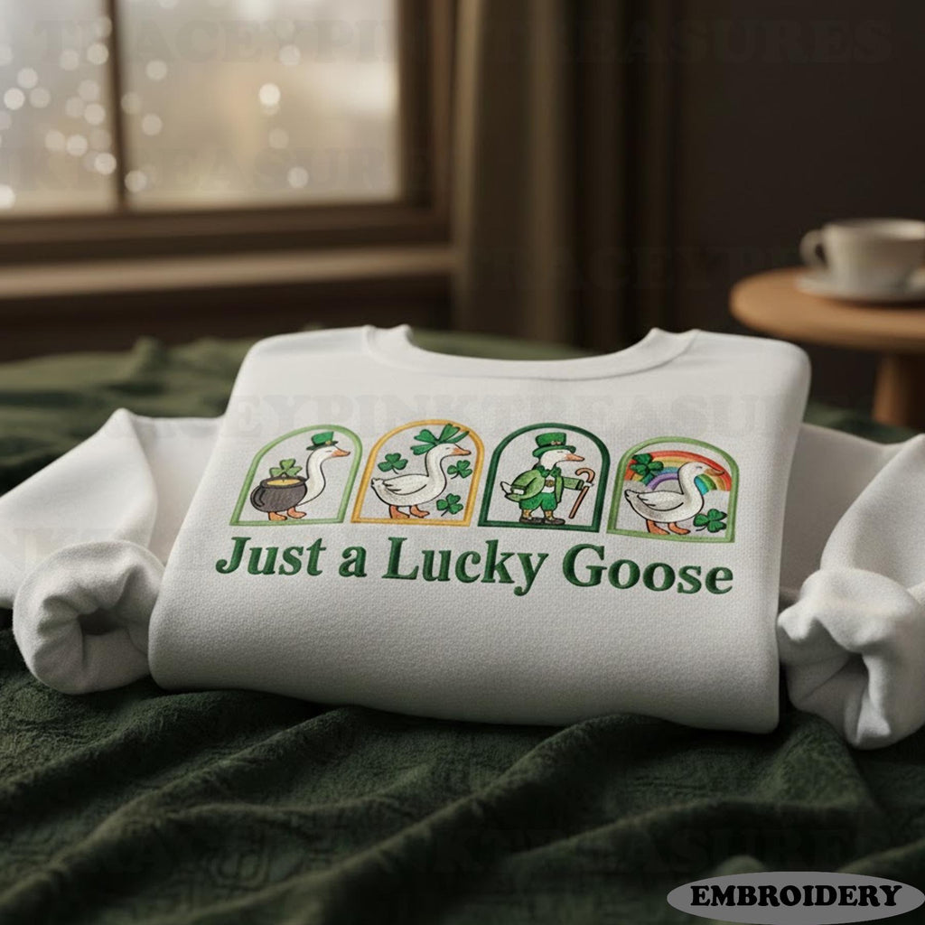 Embroidered St. Patrick’s Day Goose Shirt – Cute Funny Irish Goose Embroidery, Lucky Shamrock Holiday Gift