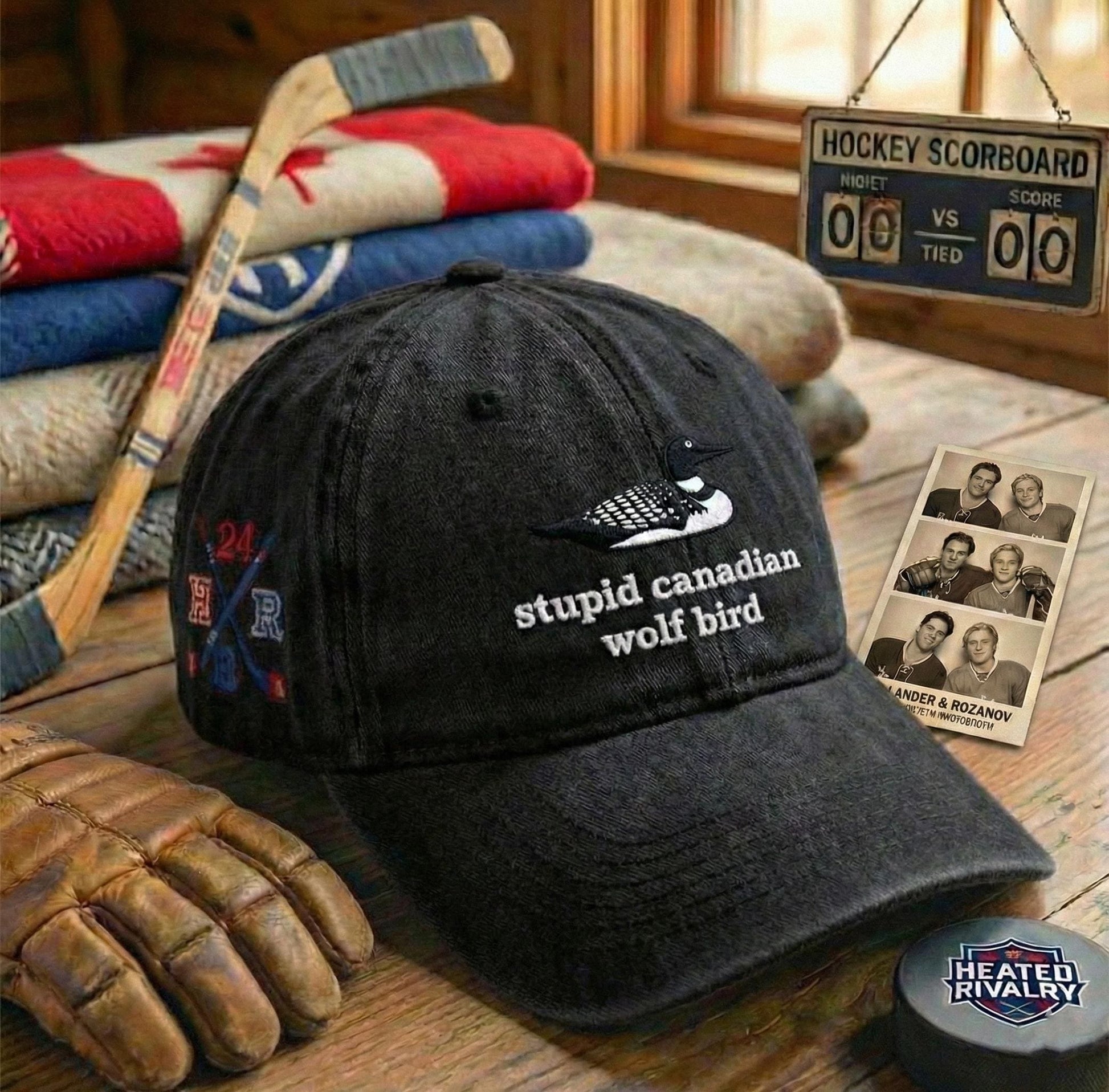 Stupid Canadian Wolf Bird Embroidered Washed Hat, Hockey Romance LGBT Hockey Fan Gift, Heated But Devote Movie Baseball Hat, Team Hollanov