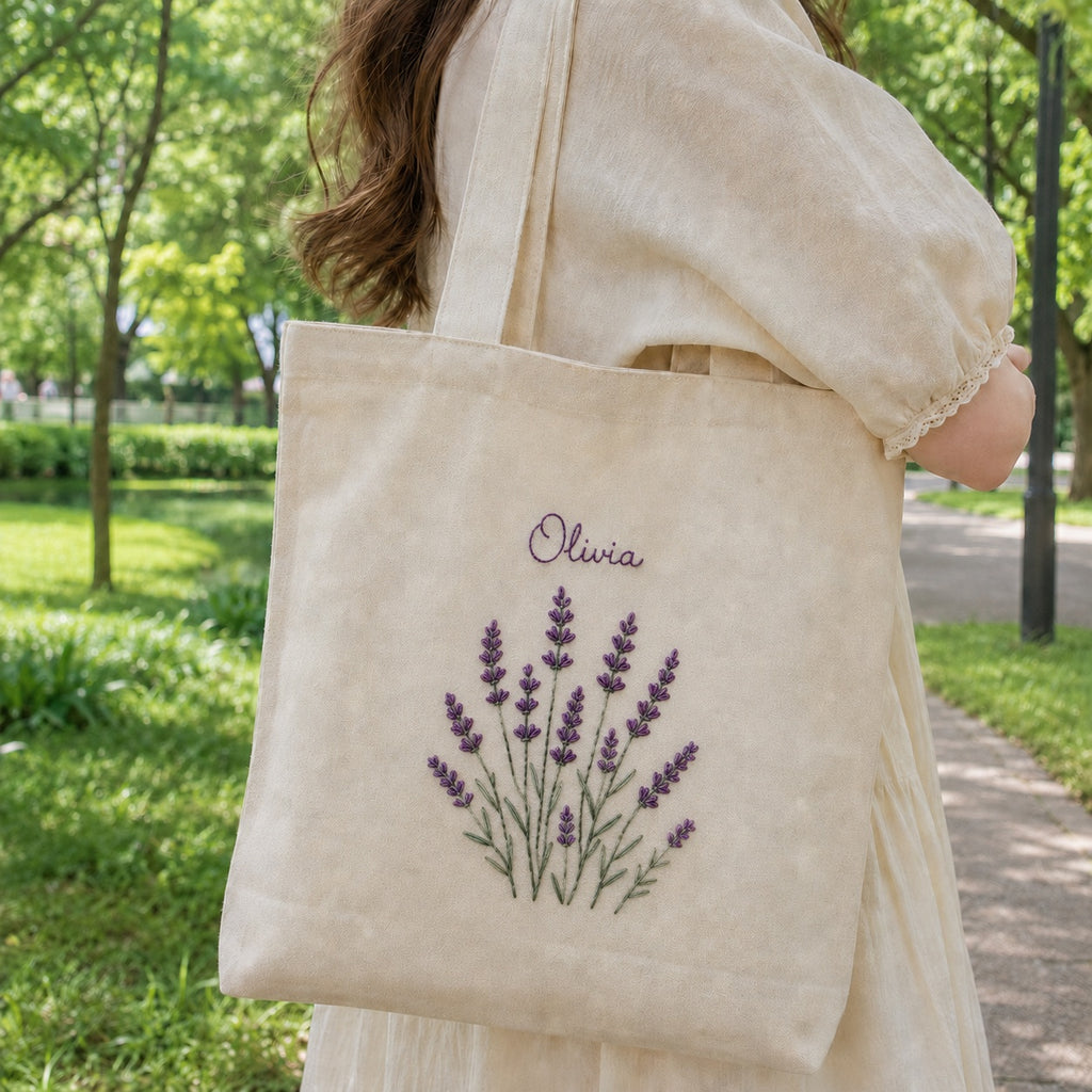 Personalized Hand Embroidered Lavender Canvas Tote Bag, Embroidery Flower Tote Bag, Custom Bag, Aesthetic Bag, Handmade Tote Bag EMT03