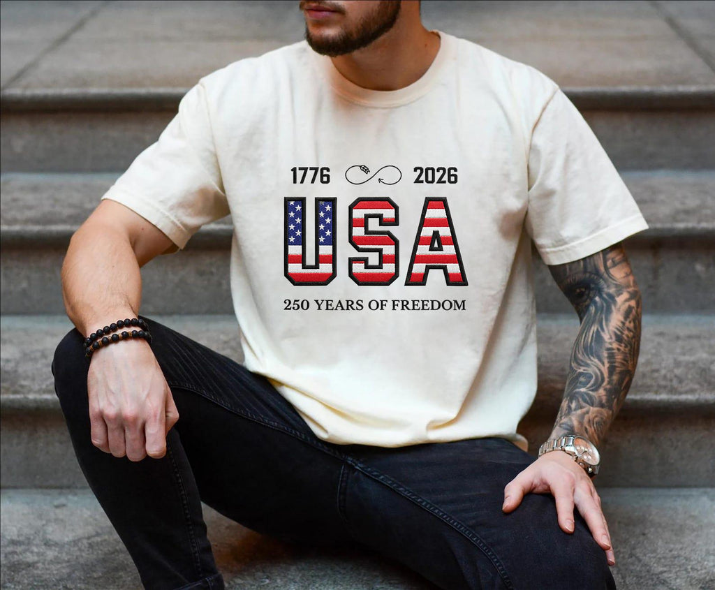 USA 250 Years of Freedom Embroidered Sweatshirt – Patriotic USA Letters – Independence Day 1776–2026
